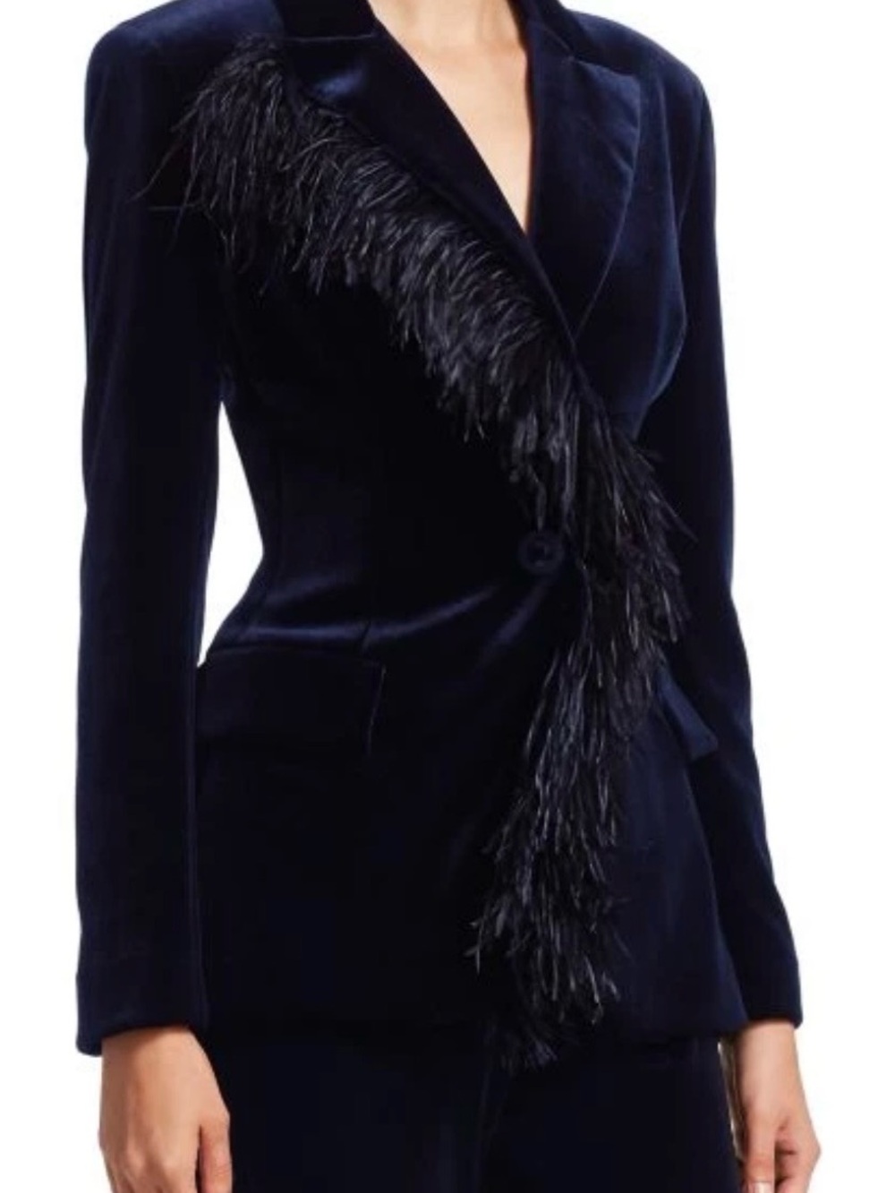 Rickie Freeman for Teri Jon Navy Velvet Blazer with Black Ostrich Feather Trim - Picture 2 of 11
